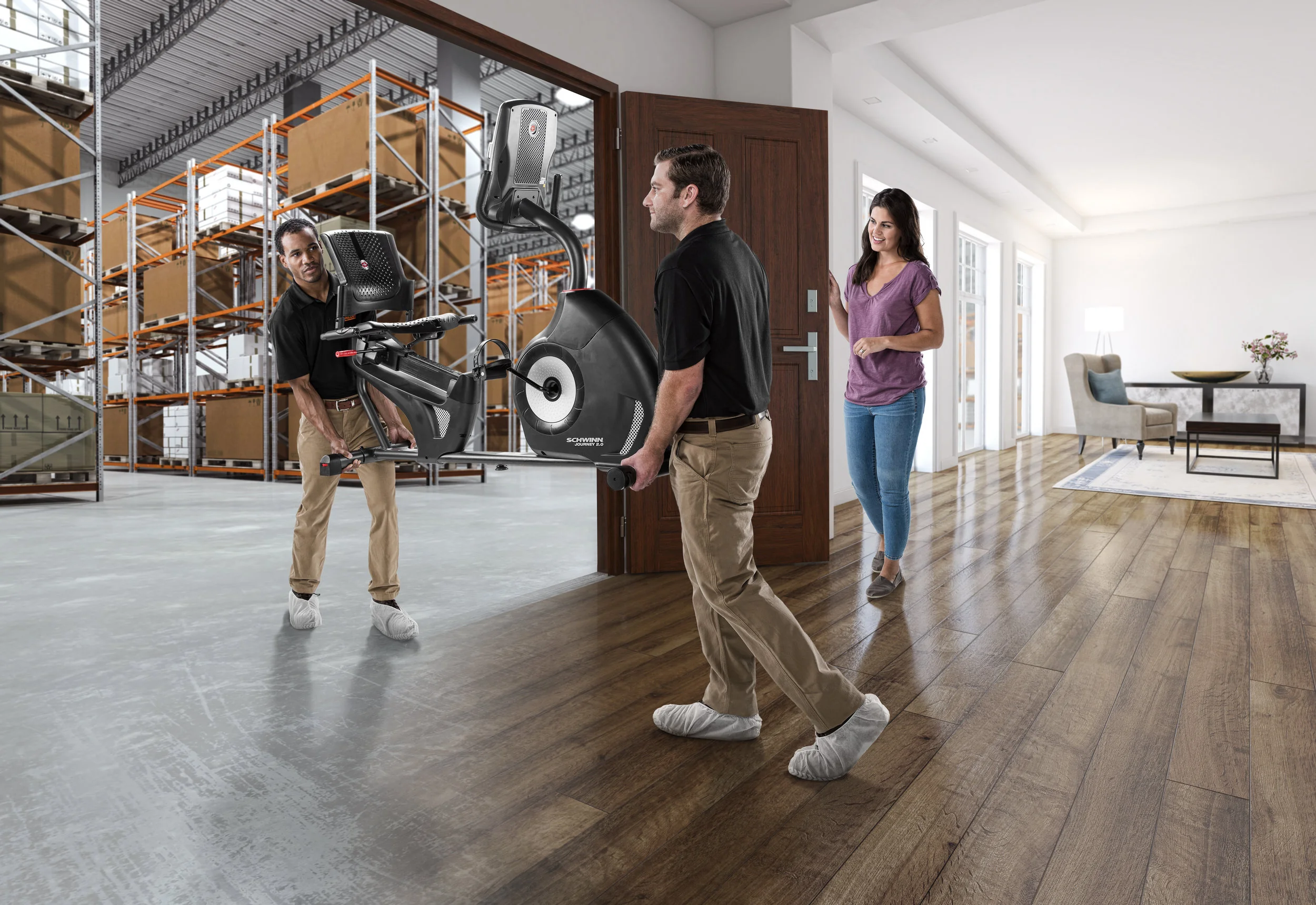 Three people exercising and watching in a bright studio